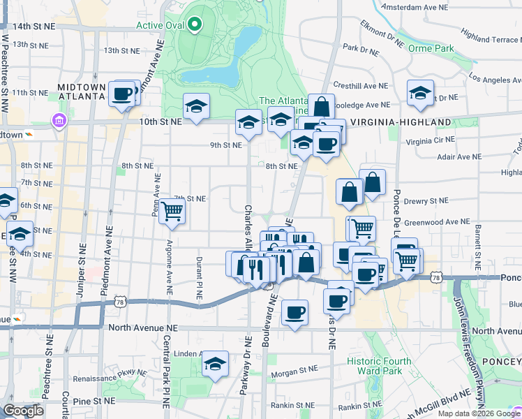 map of restaurants, bars, coffee shops, grocery stores, and more near 453 Greenwood Avenue Northeast in Atlanta