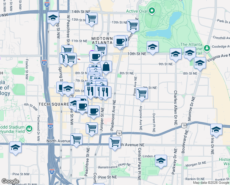 map of restaurants, bars, coffee shops, grocery stores, and more near 821 Piedmont Avenue Northeast in Atlanta