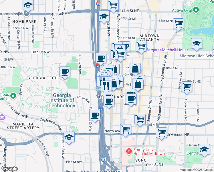 map of restaurants, bars, coffee shops, grocery stores, and more near 85 5th Street Northwest in Atlanta