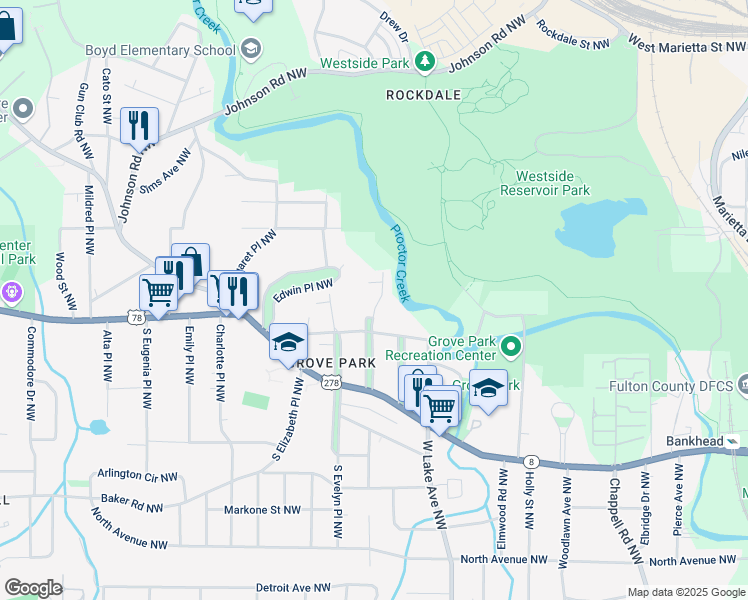 map of restaurants, bars, coffee shops, grocery stores, and more near 822 Gertrude Place Northwest in Atlanta