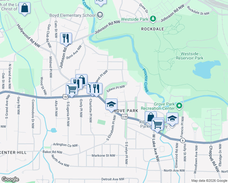 map of restaurants, bars, coffee shops, grocery stores, and more near 17 Edwin Place Northwest in Atlanta