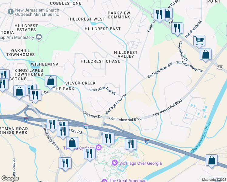 map of restaurants, bars, coffee shops, grocery stores, and more near 145 Silver Mine Trail Southeast in Austell