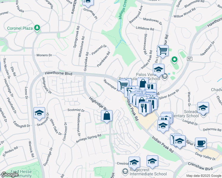 map of restaurants, bars, coffee shops, grocery stores, and more near 99 Hilltop Circle in Rancho Palos Verdes