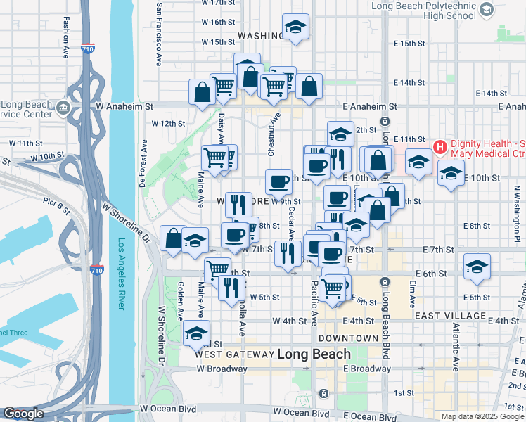 map of restaurants, bars, coffee shops, grocery stores, and more near 837 Chestnut Avenue in Long Beach
