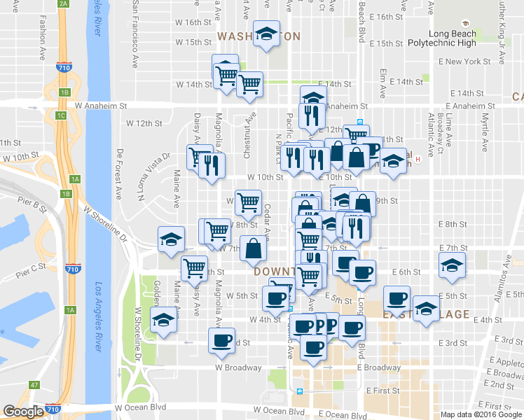 map of restaurants, bars, coffee shops, grocery stores, and more near 833 Cedar Avenue in Long Beach