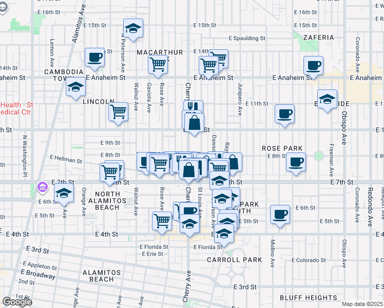 map of restaurants, bars, coffee shops, grocery stores, and more near 800 Cherry Avenue in Long Beach