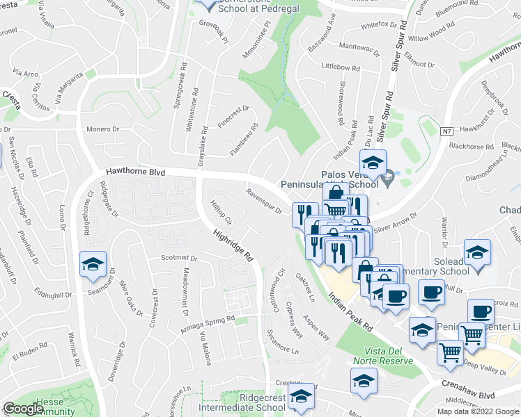 map of restaurants, bars, coffee shops, grocery stores, and more near 5700 Ravenspur Drive in Rancho Palos Verdes