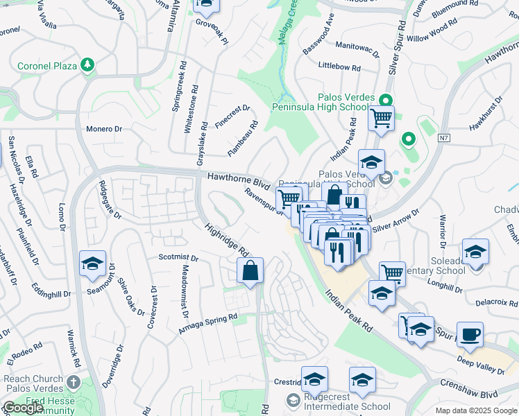 map of restaurants, bars, coffee shops, grocery stores, and more near 99 Hilltop Circle in Rancho Palos Verdes