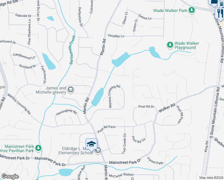 map of restaurants, bars, coffee shops, grocery stores, and more near 5432 Martins Crossing Road in Stone Mountain