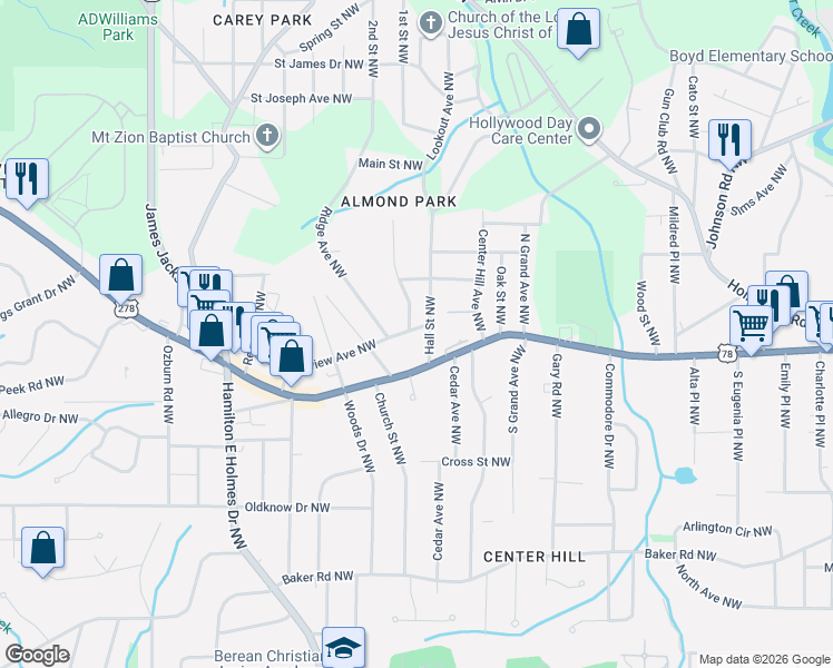 map of restaurants, bars, coffee shops, grocery stores, and more near 2426 Bellview Ave NW in Atlanta