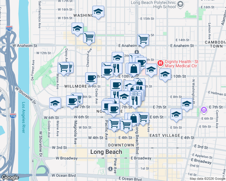 map of restaurants, bars, coffee shops, grocery stores, and more near 849 Pine Avenue in Long Beach