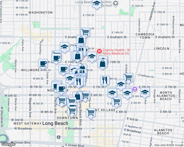 map of restaurants, bars, coffee shops, grocery stores, and more near 842 Elm Avenue in Long Beach