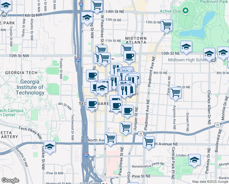 map of restaurants, bars, coffee shops, grocery stores, and more near 833 Cypress Street Northeast in Atlanta