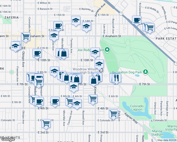 map of restaurants, bars, coffee shops, grocery stores, and more near 801 Bennett Avenue in Long Beach