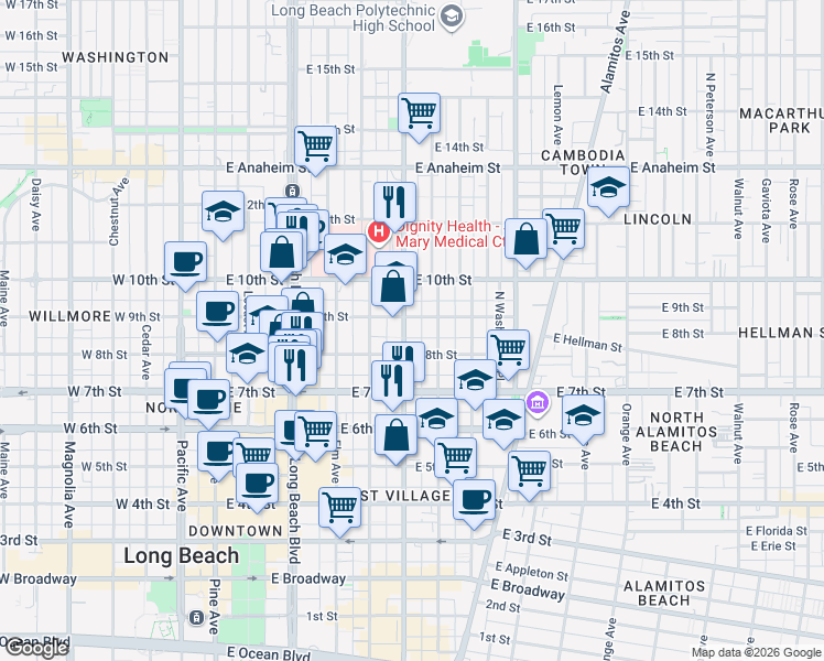 map of restaurants, bars, coffee shops, grocery stores, and more near 836 Atlantic Avenue in Long Beach