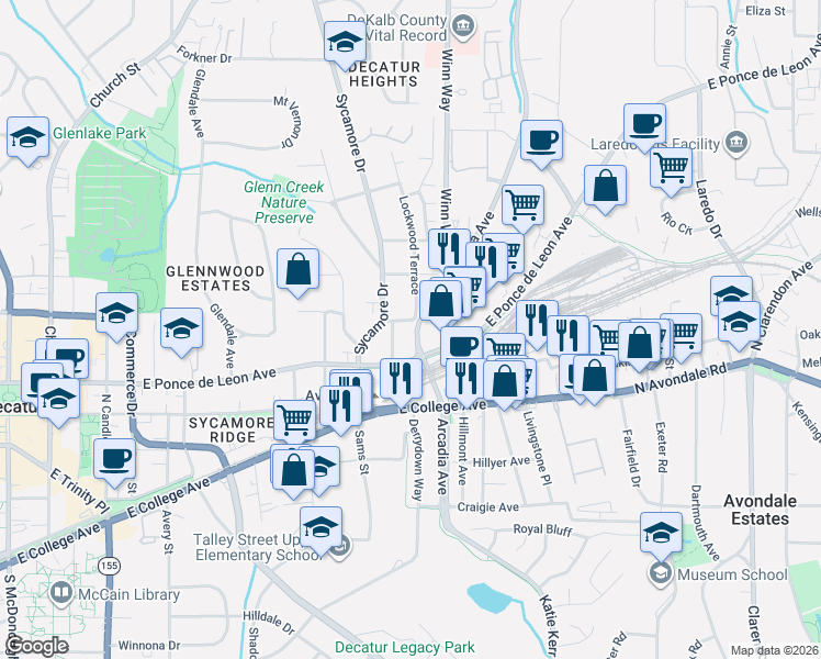 map of restaurants, bars, coffee shops, grocery stores, and more near in Decatur