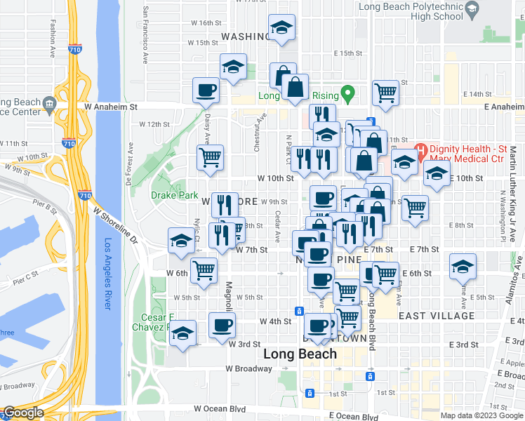 map of restaurants, bars, coffee shops, grocery stores, and more near 840 Chestnut Avenue in Long Beach