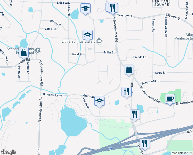 map of restaurants, bars, coffee shops, grocery stores, and more near 2565 Lithia Ridge Drive in Lithia Springs