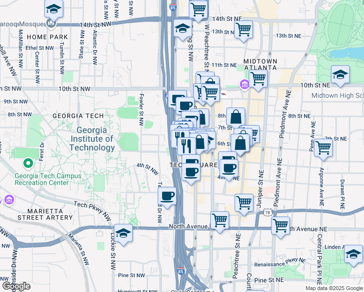 map of restaurants, bars, coffee shops, grocery stores, and more near 85 5th Street Northwest in Atlanta
