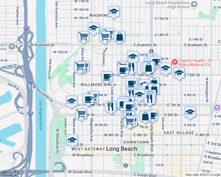 map of restaurants, bars, coffee shops, grocery stores, and more near 819 Cedar Avenue in Long Beach