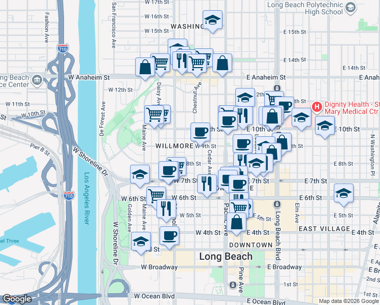 map of restaurants, bars, coffee shops, grocery stores, and more near 837 Chestnut Avenue in Long Beach