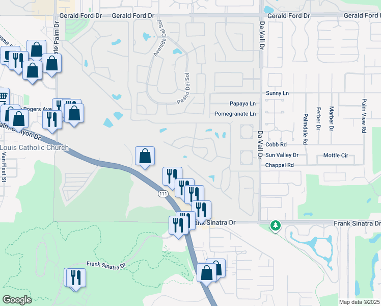map of restaurants, bars, coffee shops, grocery stores, and more near 441 Paseo Perdido in Cathedral City