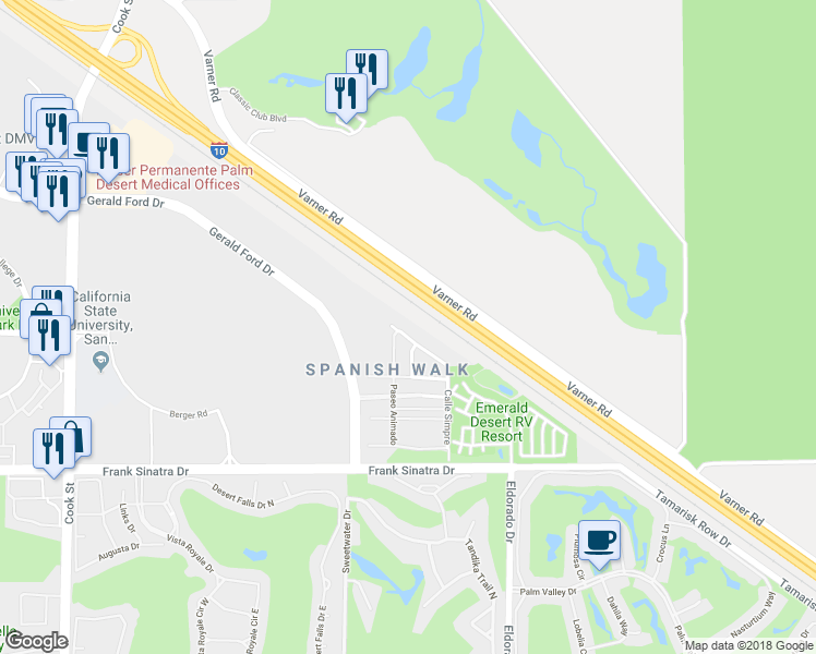 map of restaurants, bars, coffee shops, grocery stores, and more near 142 Paseo Bravo in Palm Desert