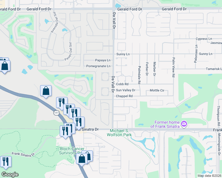 map of restaurants, bars, coffee shops, grocery stores, and more near 70061 Sun Valley Drive in Rancho Mirage