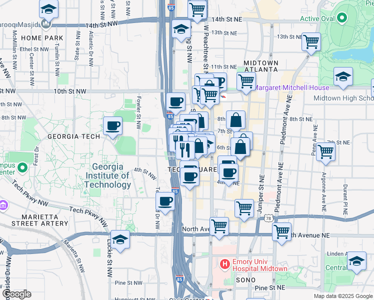 map of restaurants, bars, coffee shops, grocery stores, and more near 75 5th Street Northwest in Atlanta