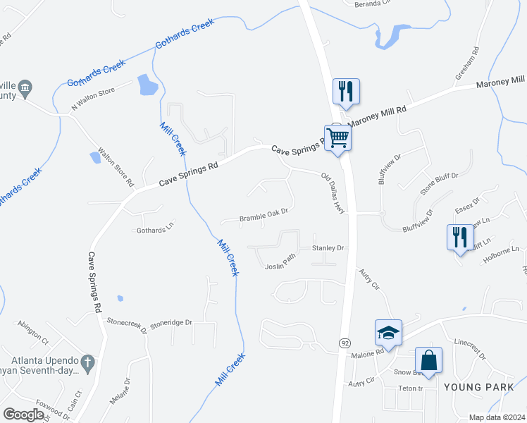 map of restaurants, bars, coffee shops, grocery stores, and more near 7349 Bramble Oak Drive in Douglasville