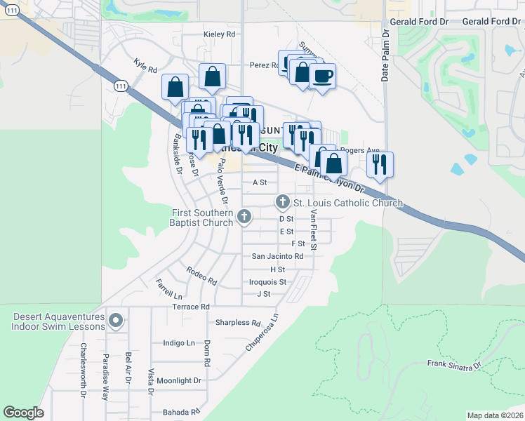 map of restaurants, bars, coffee shops, grocery stores, and more near 68569 C Street in Cathedral City