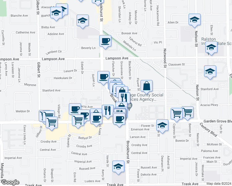 map of restaurants, bars, coffee shops, grocery stores, and more near 12766 Brookhurst Street in Garden Grove