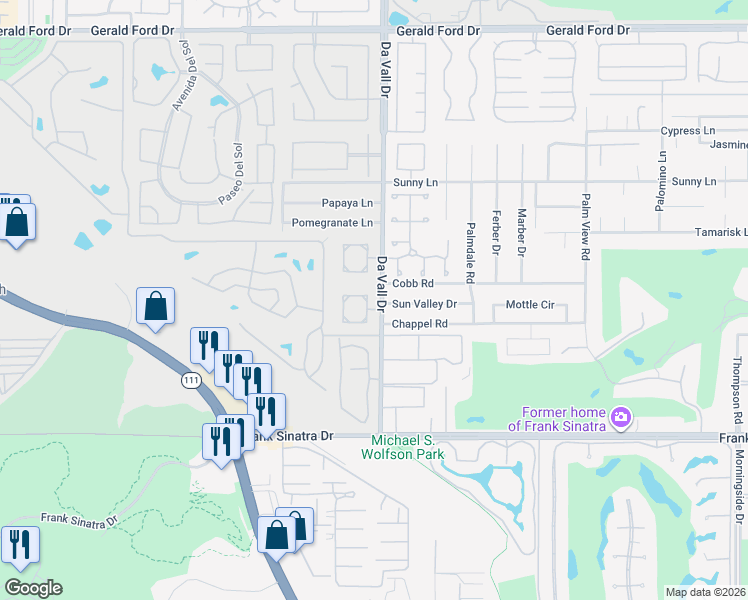 map of restaurants, bars, coffee shops, grocery stores, and more near 28 Chandra Lane in Rancho Mirage