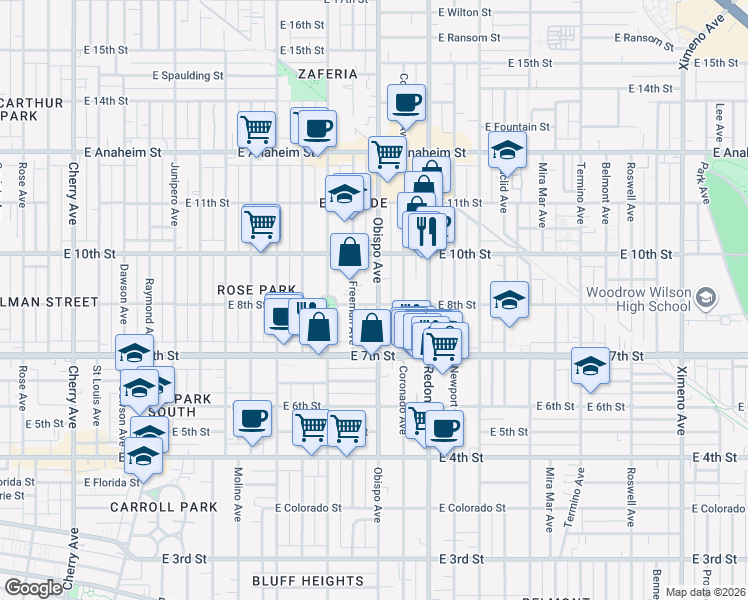 map of restaurants, bars, coffee shops, grocery stores, and more near 3141 East 8th Street in Long Beach