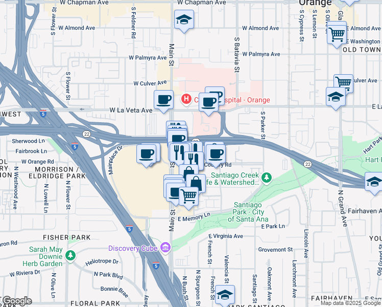 map of restaurants, bars, coffee shops, grocery stores, and more near 1235 Town and Country Road in Orange