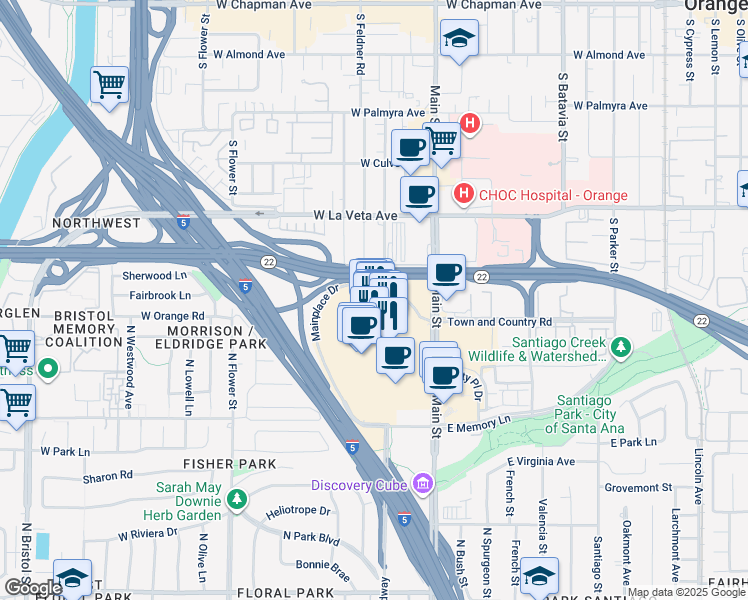 map of restaurants, bars, coffee shops, grocery stores, and more near 2890 North Main Street in Santa Ana