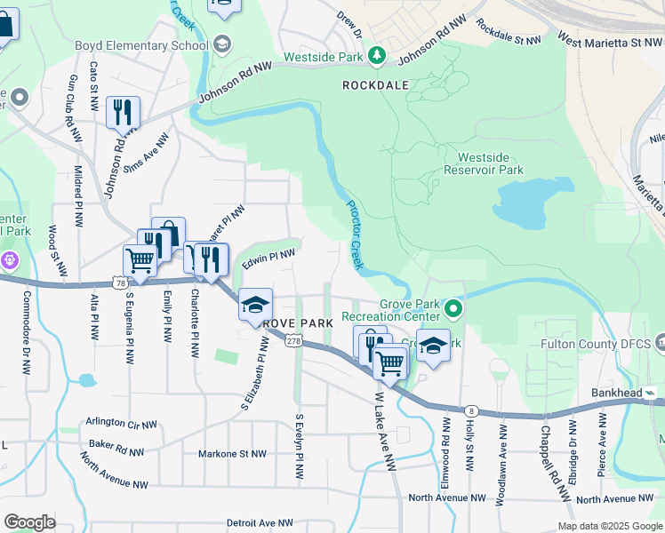 map of restaurants, bars, coffee shops, grocery stores, and more near 822 Gertrude Place Northwest in Atlanta