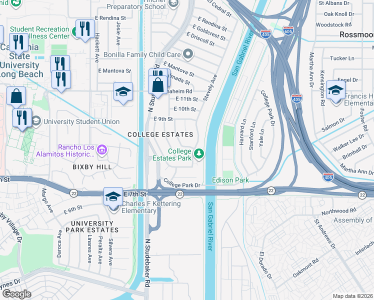 map of restaurants, bars, coffee shops, grocery stores, and more near 6860 East Roxanne Way in Long Beach