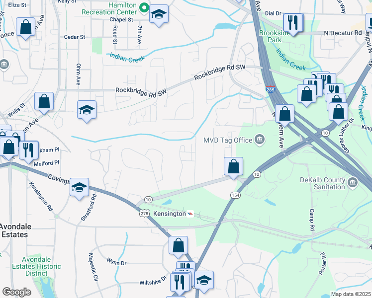 map of restaurants, bars, coffee shops, grocery stores, and more near 631 Avondale Creek Drive in Decatur