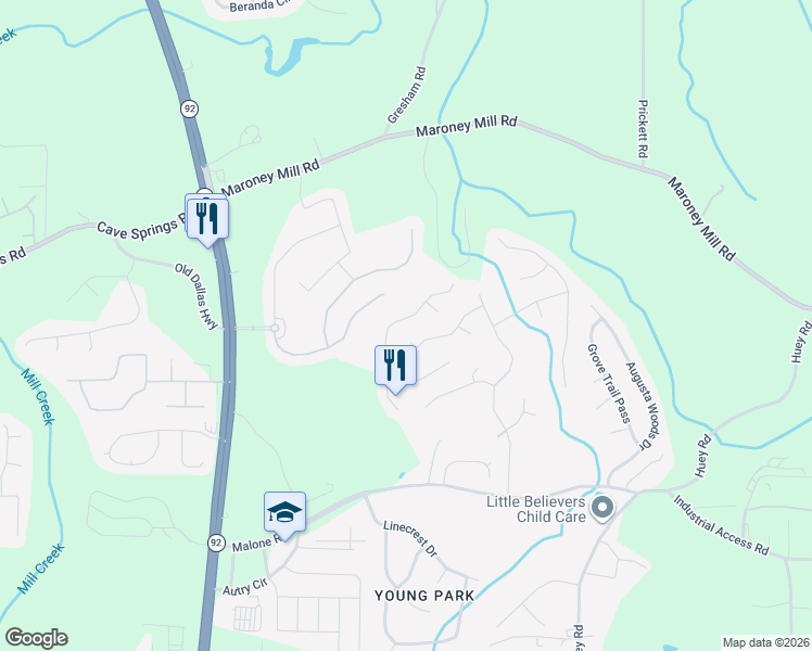 map of restaurants, bars, coffee shops, grocery stores, and more near 7324 Essex Drive in Douglasville