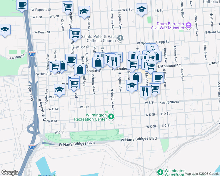 map of restaurants, bars, coffee shops, grocery stores, and more near 621 North Neptune Avenue in Los Angeles