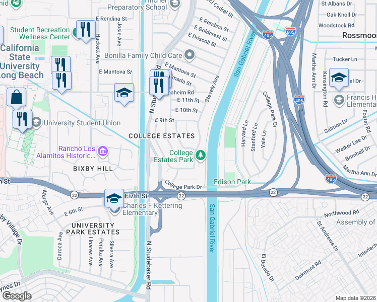 map of restaurants, bars, coffee shops, grocery stores, and more near 6860 East Roxanne Way in Long Beach