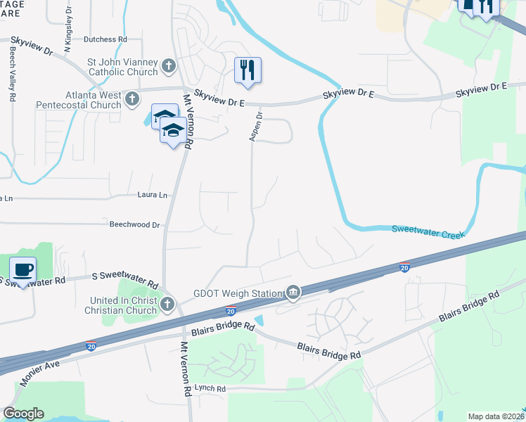 map of restaurants, bars, coffee shops, grocery stores, and more near 1759 Silver Way in Lithia Springs