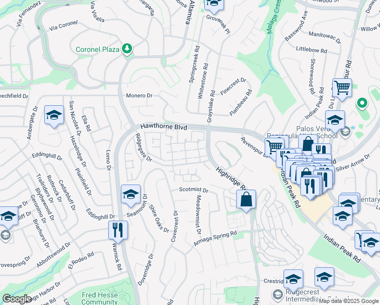 map of restaurants, bars, coffee shops, grocery stores, and more near 28000 Ridgebluff Court in Rancho Palos Verdes