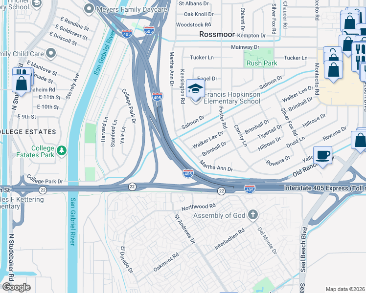 map of restaurants, bars, coffee shops, grocery stores, and more near 12735 Martha Ann Drive in Los Alamitos