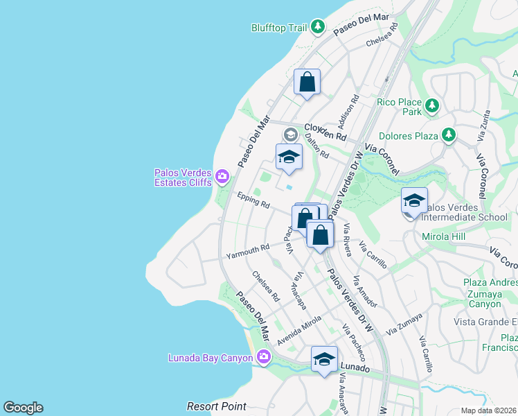 map of restaurants, bars, coffee shops, grocery stores, and more near 2100 Chelsea Road in Palos Verdes Estates