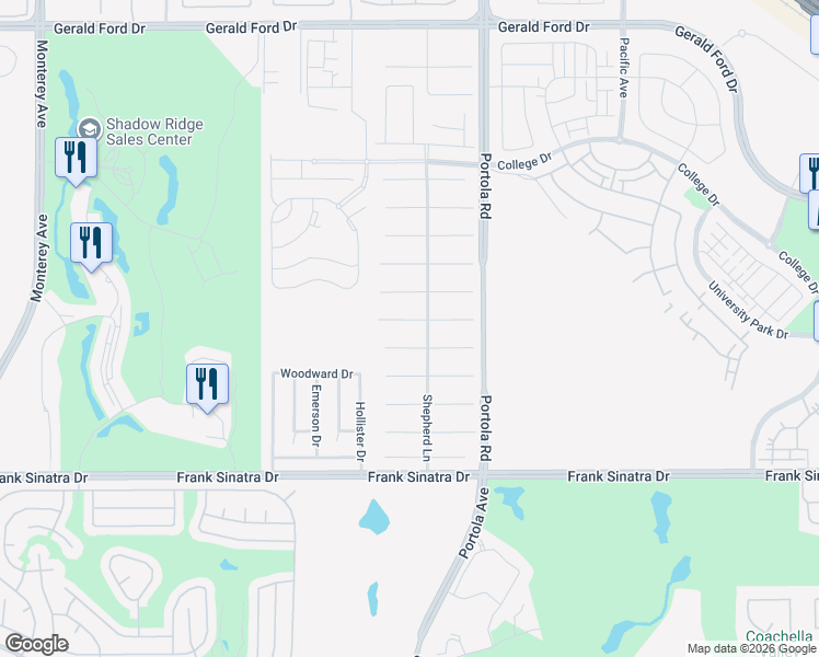 map of restaurants, bars, coffee shops, grocery stores, and more near 74082 Chinook Circle in Palm Desert