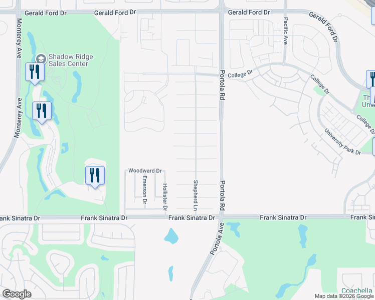 map of restaurants, bars, coffee shops, grocery stores, and more near 74081 West Petunia Place in Palm Desert