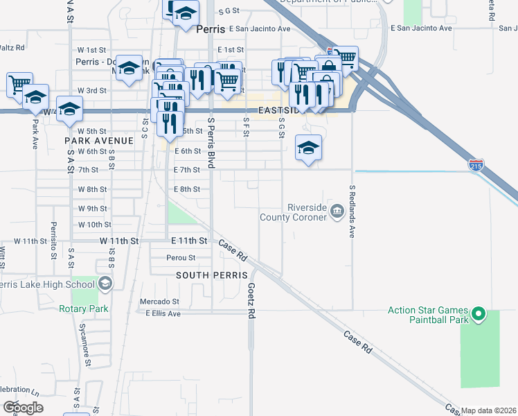 map of restaurants, bars, coffee shops, grocery stores, and more near South Ramona Drive in Perris