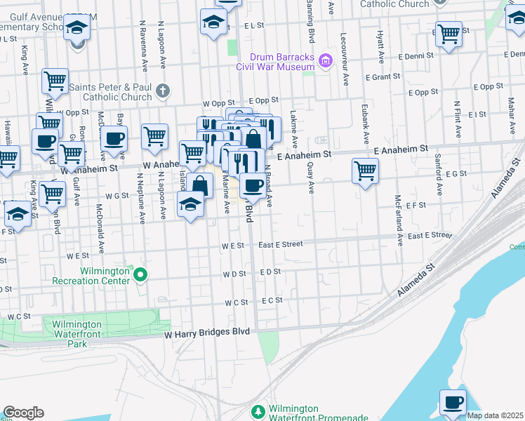 map of restaurants, bars, coffee shops, grocery stores, and more near 543 Broad Avenue in Los Angeles